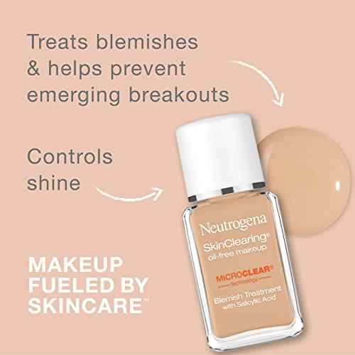 Neutrogena SkinClearing Oil-Free Acne and Blemish Fighting Liquid Foundation with.5% Salicylic Acid Acne Medicine, Shine Controlling Makeup for Acne Prone Skin, 40 Nude, 1 fl. oz