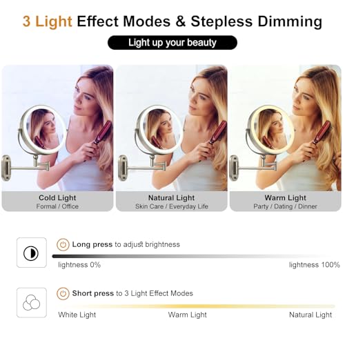 9" Wall Mounted Lighted Makeup Mirror,4000mAh Rechargeable Double Sided 1X/10X Magnifying Mirror with Light,3 Color Lights,Touch Dimmable,Extended Arm 360 Rotation Wall Mounted Makeup Mirror