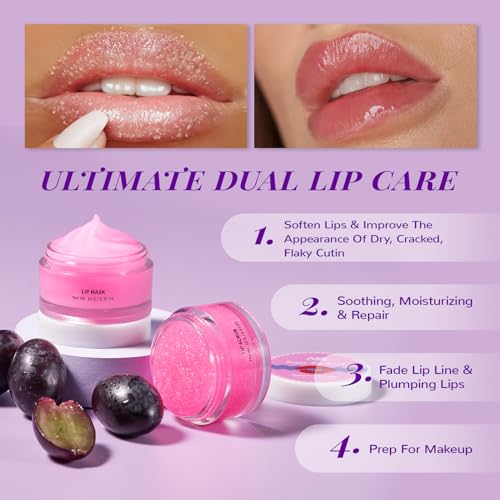 ANAI RUI Lip Therapy Set - Scrub & Mask, Overnight Hydrating Moisturizer With Exfoliator and Sleeping Mask for Plumping - Gift Kit for Dry, Chapped, Dark Lips, Grape