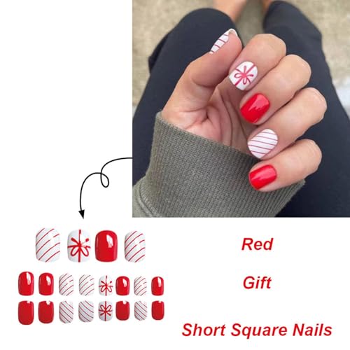 24 Pcs Christmas Press On Nails Short Square - ZIFANHU Cute Red Fake Nails Press Ons Nail Art Tips Full Cover Acrylic Glossy False Nails with Red Line Gift Box Design Glue on Nails for Women Girls