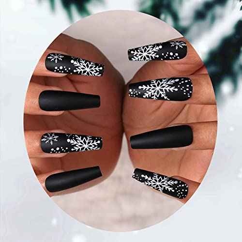 Florry Extra Long Coffin Fake Nails Christmas Snowflake Press on Nails Matte Acrylic Nails for Women and Girls 24Pcs (Snowflake)