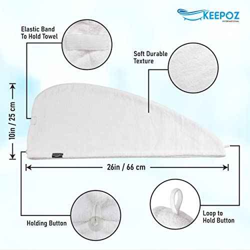 KEEPOZ 100% Cotton Hair Towel Wrap Quick Dry Super Absorbent Turban Head Wrap for Women with Button, Anti Frizz, Hair Cap for Curly, Long & Thick Hair (White, 1 Pc)