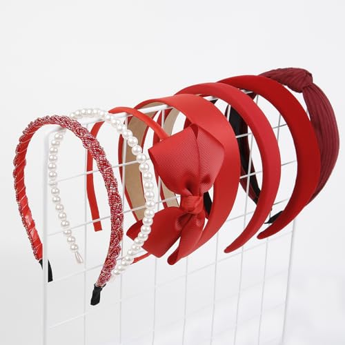 7 PCS Fashion Headbands for Women Floral Vintage Wide Headband Cute Pearl HeadBand Twisted Red Hair Bands for Girls Hair Non Slip Hair Accessories (Red)