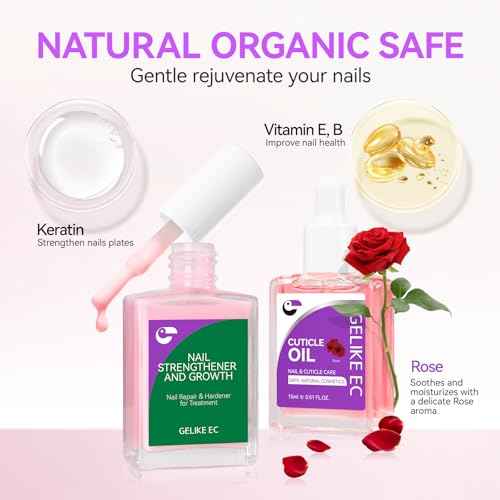 Gelike EC Colorful Nail Growth Kit: Pink Nail Hardener & Rose Nail Growth Oil Set - Strengthen Brittle Nails with Floral Scent - Natural Acrylic Formula - Gift for Women Brides