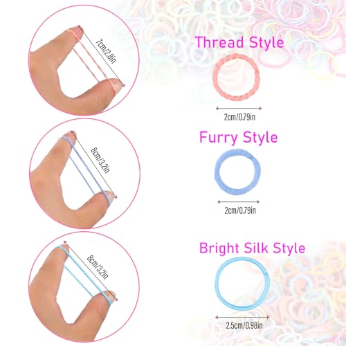 300PCS Elastic Hair Bands for Kids and Women, 3 Styles Small Thin Hair Ponytail Holder, Baby Girls Hair Ties No Damage, Diameter 1.0inch Mini Colorful Rubber Bands Accessories, Daughter Birthday Gift