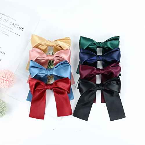 Lawie 8 Pack Bowknot Hair Accessories - 6 Inch Long Satin Barrettes, Big Bows for Girls and Women, Pink Red Blue Green Black Christmas Colors