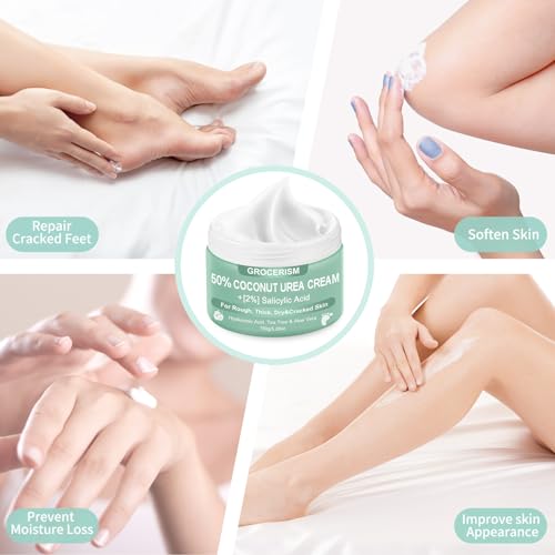 Grocerism Urea Cream 50 Percent for Feet with Coconut 5.29 oz || Foot & Hand Cream Maximum Strength with 2% Salicylic Acid, Tea Tree and Aloe Vera for Deep Moisturizing and Callus Removing