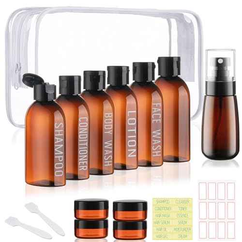 Travel Kit - 10 Pcs Travel Bottles for Toiletries, TSA Approved, Leak Proof Plastic Small Cream Jars & Refillable Spray Bottle for Shampoo, Conditioner (Brown)