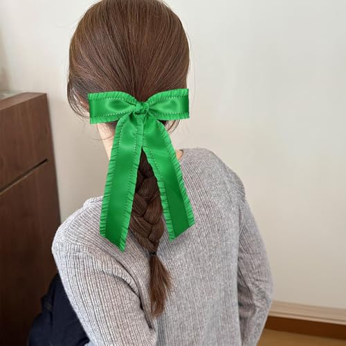 Green Hair Bow Clips for Women Girls 5.5 in Big Silky Ruffle Satin Hair Ribbon Bow-Knot Alligator Barrettes Hairpins Early Spring St Patricks Day Dress Decor Accessories Gift