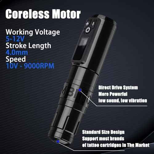 Ambition Storm Wand Tattoo Machine with Extra 2400mAh Battery Power - Rotary Tattoo Gun Cartridge Pen with Coreless Motor Digital LED Display for Professional and Beginners Tattoo Artists
