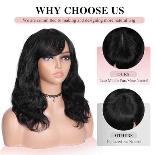 Fancy Hair Natural Wavy Human Hair Wig with Bangs Glueless Body Wave Brazilian Virgin Human Hair Wigs with Bangs for Black Women Natural Black 16 inches