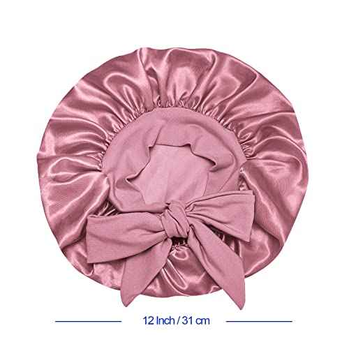 Satin Silk Bonnet Hair Cap: 2pcs Bonnets for Kids with Elastic Tie Band Adjustable Straps for Sleeping Sleep Comfortable - Stretchy Tie Band Hair Bonnets No Slip-Off (Black-Rosegold-K)