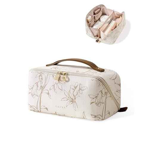 EACHY Travel Makeup Bag, Large Capacity Cosmetic Bags for Women, Waterproof Portable Pouch Open Flat Toiletry Bag Pattern Make up Bag (F-Beige)