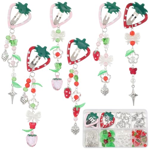 SUNNYCLUE 1 Box DIY 6 Sets Tassels Hair Clips Making Kit Strawberry Hairclips with Beaded Cute Fruit Fashion Hairclip Tassel Snap Barrettes for Women Braid Long Short Thin Thick Hair Supplies