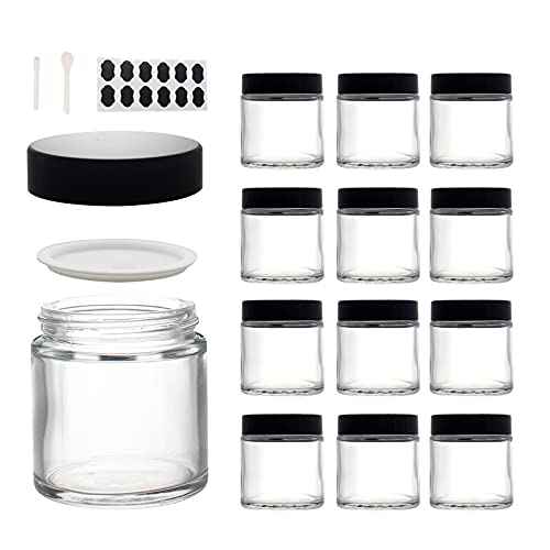 12 Pack 4 oz Clear Glass Travel Cosmetic Jars, Refillable Cosmetic Containers with Inner Liners, Lids, Spatula, Chalk Labels, Beauty Jars for Sugar Scrubs, Cream, Bath Salts, Slime