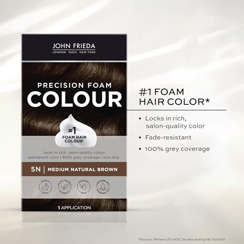 John Frieda Precision Foam Colour, Medium Natural Brown 5N, Full-coverage Hair Color Kit, Anti-Fade Gray Coverage, Deep Color Saturation Hair Dye, 1 Application
