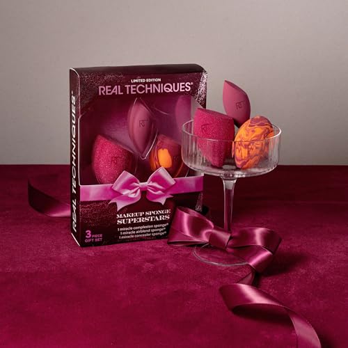Real Techniques Makeup Sponge Superstars Gift Set, 3 Piece Holiday Set with Travel Case, Blending Sponges for Foundation, Concealer & Powder, Christmas Gift, Cruelty-Free & Vegan