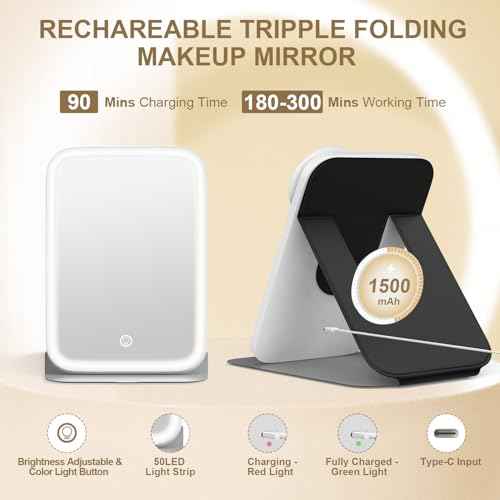 Mocado Travel Makeup Mirror with Lights, 360 Rotation, 10x Magnification, 60LEDs 3 Color Lightings, Dimmable Touch Screen, Tabletop Light up Mirror (Black)