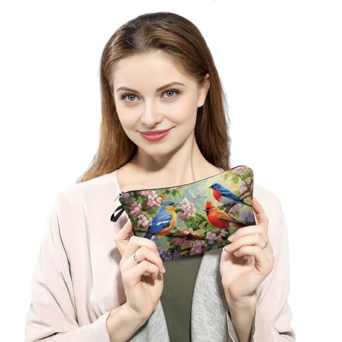 Floral Bird Makeup Bag Cute Small Organizer Bag with Zipper Floral Bird Cosmetic Bag Aesthetic Birthday Present for Women Sisters Friends -1