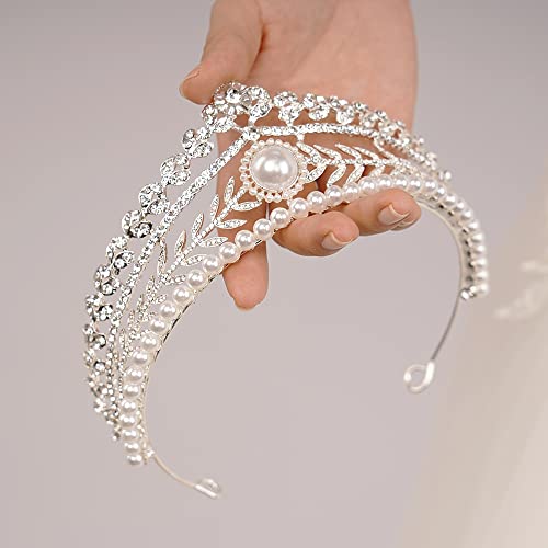 JWICOS Tiaras and Crowns for Women Pearl Wedding Tiara for Bride Baroque Queen Crown Rhinestone Hair Accessories for Birthday Pageant Prom
