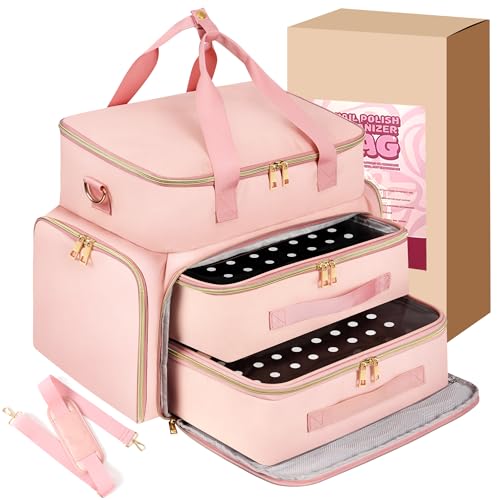 Nail Polish Organizer Case for 96 Bottles ? Waterproof Travel Bag with Hard Bottom ? Double Layer Nail Storage Bag with Adjustable Dividers & Nail Lamp Compartment ? for Home or Salon Use