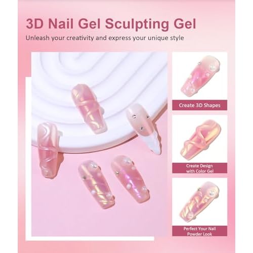 3D Nail Gel Art BISHENGYF - Rose Gold Chrome Nail Powder 15g 3D Nail Gel with Laser White Nail Powder Non-Sticky Clear 3D Sculpting for Art Home DIY