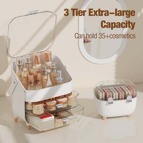 Makeup Organizer for Vanity, Skincare Organizer with Drawers, Storage Box with Handle, Cosmetic Display Cases for Dresser, Bathroom, Countertop, Christmas Gifts for Teen Girls (Silver)