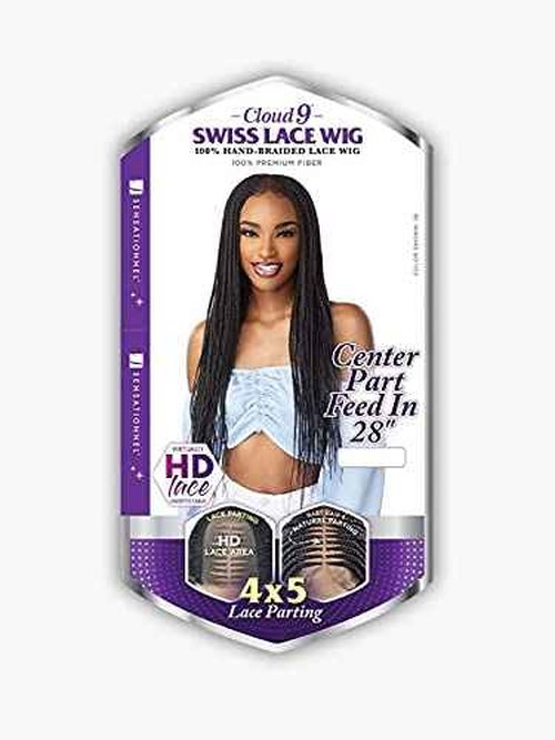 Sensationnel Cloud9 4X5 Braided Wig - Center Part Feed In 28 Inch Hand Tied Swiss Lace Braided Wig With Large Parting Area (1B OFFBLACK)