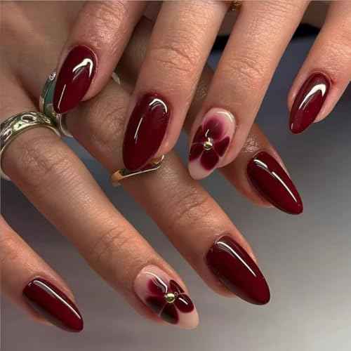 24Pcs Flower Press on Nails Almond Red Fake Nails with Cute Floral Design Spring Wine Red Glue on Nails Medium Length Full Cover Stick on Nails for Women Acrylic False Manicure