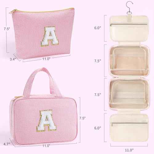 YOOLIFE Personalized Birthday Gifts for Women Teen Girls - Hanging Toiletry Bag Makeup Bag for Women Girls, Initial Toiletry Bag Makeup Bag, Letter A, Pink