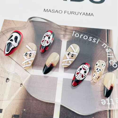 Halloween Press on Nails Medium Almond Fake Nails Horror Ghost Design Skull Mummy Bandage Full Cover Stick on Nail Black French Tip Glue on Nails Gothic Halloween Handmade Nails for Women 24Pcs