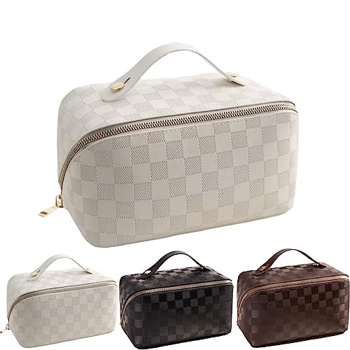 Large Capacity Brown Checkered Makeup Bags Portable Travel Cosmetic Bags Open-Flat Toiletry Bag for Women Girls Make Up Organizer with Divider Pouch Zipper Bag (white-checkered)