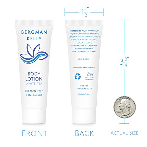 BERGMAN KELLY Hotel Toiletries Bundle (White Tea, 1 oz each, 200 Pieces) 4-Piece Set: 50 Rectangular Bar Soap, 50 Shampoo, 50 Conditioner & 50 Body Lotion - Bulk Mini Guest Amenities