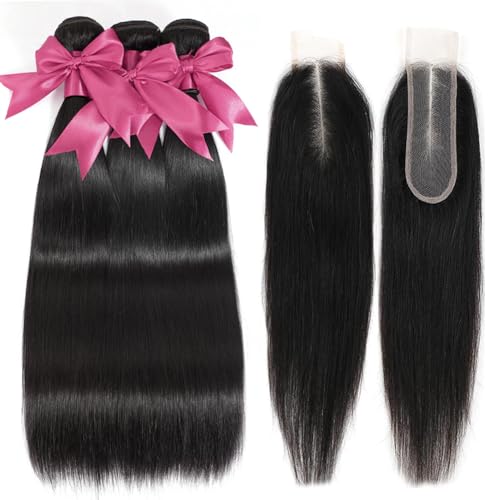 12A Straight Bundles with 2x6 Closure Human Hair 16 18 20 with 14 Inch 100% Unprocessed Brazilian Virgin Human Hair Weave Bundles with 2x6 HD Lace Closure