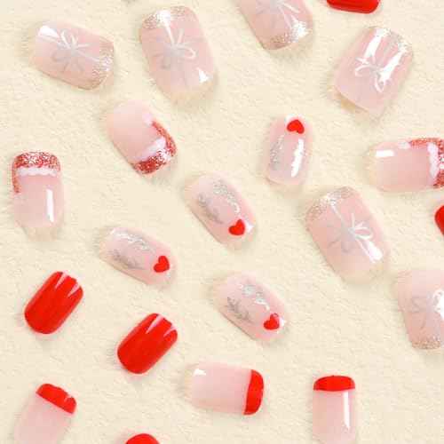 24 Pcs Christmas Press on Nails Short Square - YEFIUO Cute Pink Fake Nails Press ons Winter Xmas Gold Glitter French Nail Art Tip Full Cover Acrylic False Nails Glue on Nails Kit with Design for Women