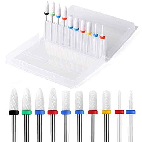 10Pcs Ceramic Nail Drill Bits£¬3/32 Nail Drill Bits Set for Acrylic Gel Nails Professional Rotary Burrs Electric Manicure Pedicure Nail File Cuticle Remover Crystal Nail Extension
