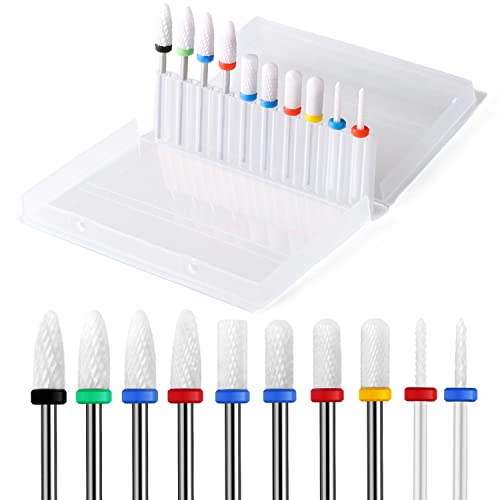 10Pcs Ceramic Nail Drill Bits£¬3/32 Nail Drill Bits Set for Acrylic Gel Nails Professional Rotary Burrs Electric Manicure Pedicure Nail File Cuticle Remover Crystal Nail Extension
