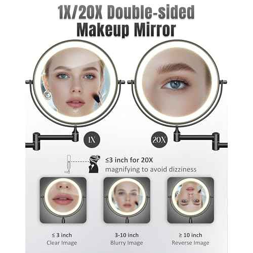 Wall Mounted Makeup Mirror with Light, 20X/1X 8'' Double Sided LED Magnifying Bathroom Lighted Vanity Mirror with Magnification, 3 Color Light up Touch Dimmable Extended Arm 360 Rotation