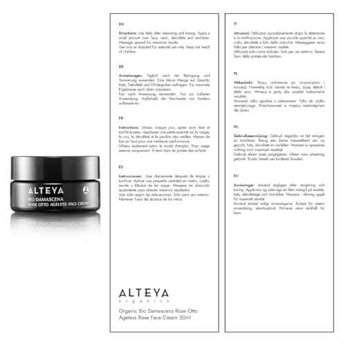 Alteya Organics Face Cream Certified Organic Skin Care 1.7 Fl Oz/50 mL Bio Damascena Award-Winning Ageless Rose Otto Face Moisturizer With Organic Bulgarian Rose Oil Firming, Deeply hydrating and Brightening