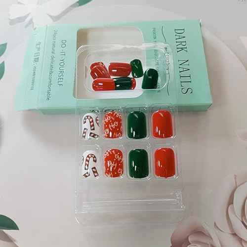 24Pcs Christmas Press on Nails Short Square - Red&Green Fake Nails White False Nails Press Ons Nail Art Tips With Christmas Cane Fruit Candy Design Winter Acrylic Nail Kit for Women Xmas Decor