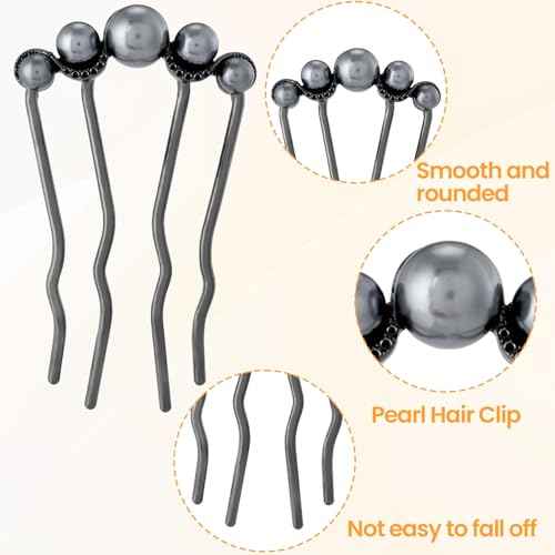 2 Pcs Pearl Hair Pins U Shaped, Elegant Vintage French Pearl Hair Comb, French Twist Hair Pin for Brides, Bridesmaid, Party, Daily, Holiday (Gun Black)