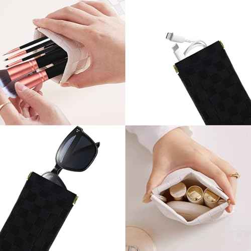 4 PCS Mini Leather Pocket Cosmetic Bag, Small Makeup Bags for Purse, Checkered Purse Self-closing Coin Lipstick Pouch for Women & Girls(White, Black)