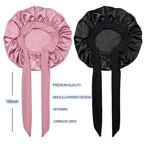 Satin Silk Bonnet Hair Cap: 2pcs Bonnets for Kids with Elastic Tie Band Adjustable Straps for Sleeping Sleep Comfortable - Stretchy Tie Band Hair Bonnets No Slip-Off (Black-Rosegold-K)