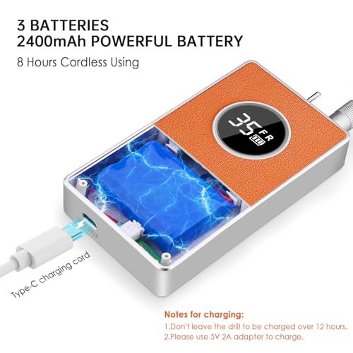 Kredioo Nail Drill Professional Super Quiet with Coreless Motor 35000RPM Electric File 6+1 Tungsten Bits Kit Portable Strong Drill para u?as Profesional Remove Acrylic Nails Dip Powder-Orange