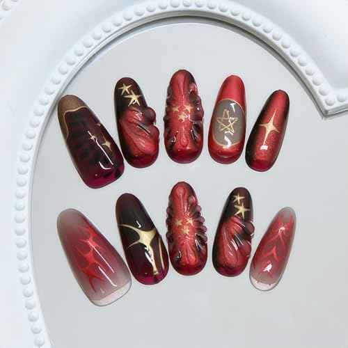 Short Almond Press on Nails Dark Red Fake Nails 3D Gold Designs Nails Press Ons Red Gradient Stick on Nails Full Cover Artificial Nails Gift for Women 24pcs