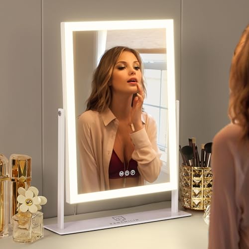FENCHILIN Vanity Mirror with Lights 16.14" x 11.81",Lighted Makeup Mirror and Hollywood Mirror with Smart Touch Control 3 Colors Dimmable LED Light, 360¡ÆRotation 10X Magnification(White)