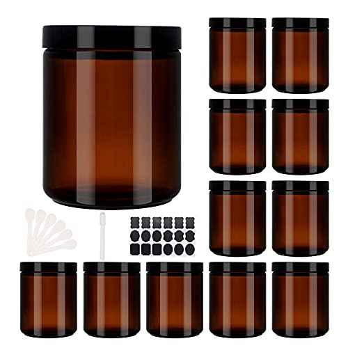 12 Pack 8 oz Round Amber Glass Cosmetic Jars with Black Lids, Spatula, Chalk Labels, Pen, Candle Holder, Refillable Containers for Makeup, Cream, Sugar Scrubs, Bath Salts