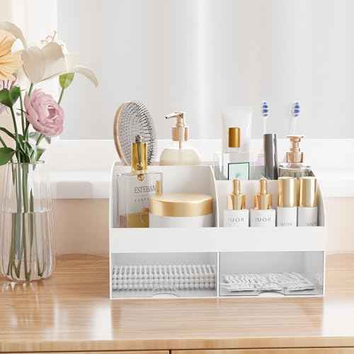 Makeup Organizer with Drawers, Cosmetic Storage for Dresser Vanity and Bathroom Countertop, Beauty Holder for Lipstick Brush, Skincare Organizer for Vanity, Cosmetic Display Case (White)