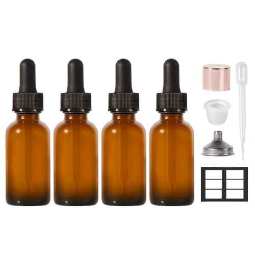 Dropper Bottle,1 oz 4 Pack Glass Droppers Bottle for Oils Eye Dropper Small Travel Oil Amber Dropper with 1 Funnel & 6 Labels - Essential Oils Bottles Tincture Bottles With Dropper Leakproof