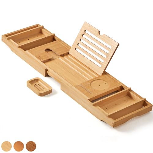XcE Bathtub Caddy Tray Expandable to 105cm with Bamboo Book Stand and Soap Tray, Natural